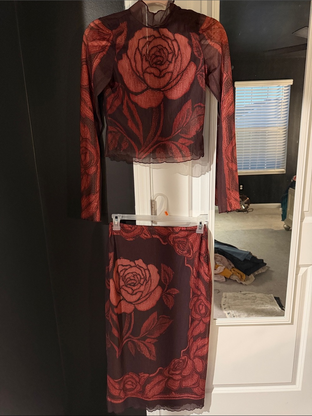 Free People Burgundy and Red Rose-Print Long Sleeve Two-Piece Set